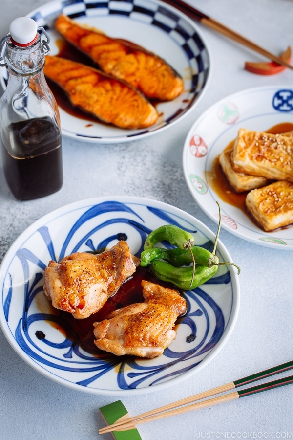 Teriyaki Salmon, Tofu, and Chicken made with homemade Teriyaki Sauce.
