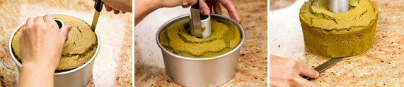 spatula separating Green Tea Chiffon Cake from round cake pan