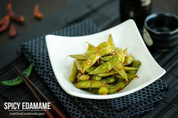 Spicy Edamame in a bowl.