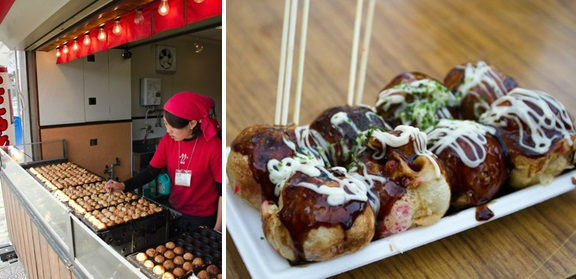 Takoyaki vendor and Takoyaki on the tray.