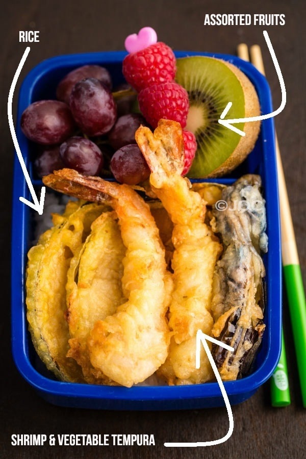 Tempura Bento with tempura, rice and fruits.