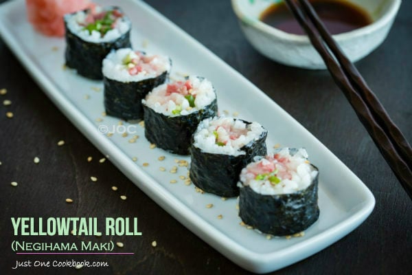Yellowtail Roll (Negihama Maki) | Easy Japanese Recipes at JustOneCookbook.com Yellowtail Roll on a white plate.