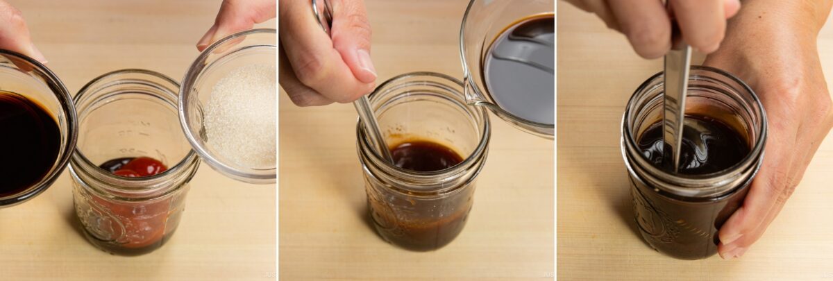 Three images show hands making yakisoba sauce in a glass jar: adding sugar to dark liquid, pouring and stirring the sauce, then mixing thoroughly with a spoon.