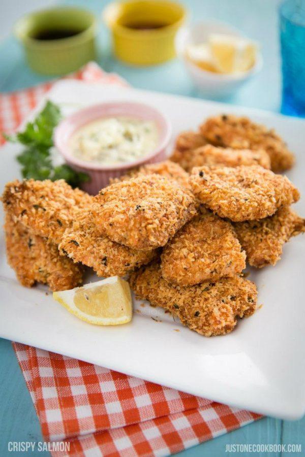 Crispy Salmon on a white plate.