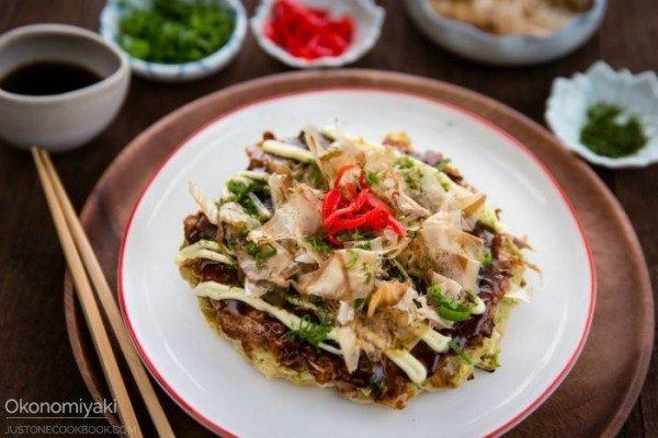 Okonomiyaki, Japanese Savory Pancake in a plate.