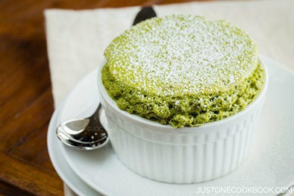 Green Tea Souffle in a white cup.