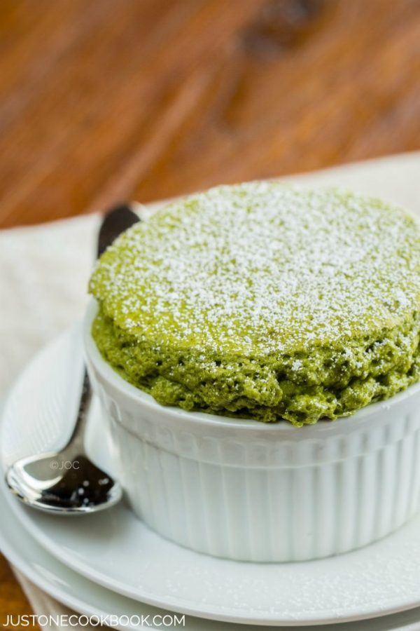 Green Tea Souffle in a white cup.