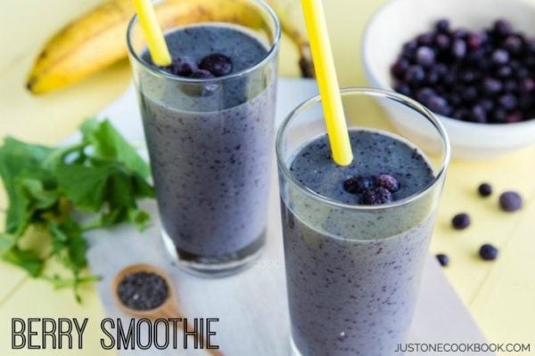 Berry Smoothie, banana and blueberry on a table.