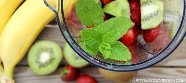 Smoothie ingredients in a blender.