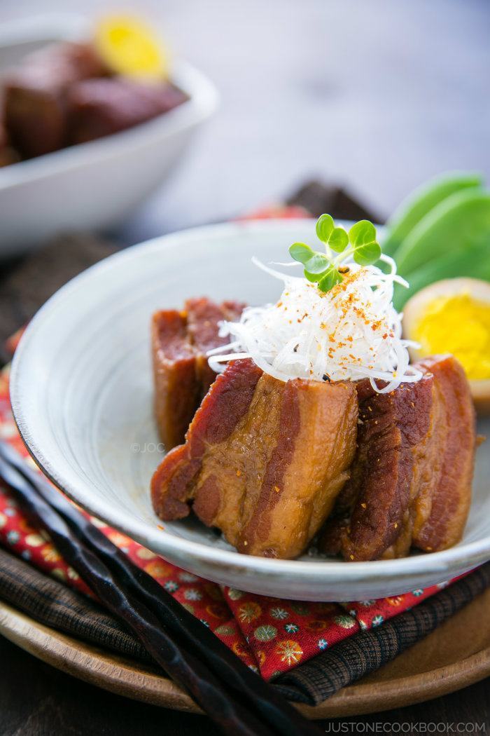 Braised Pork Belly, Kakuni in a bowl with egg and negi.