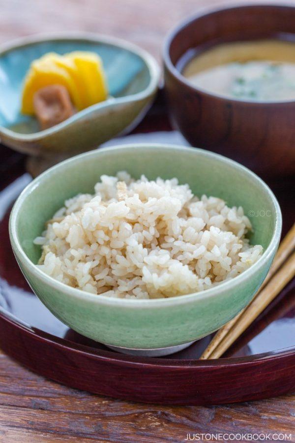 Ginger Rice and miso soup on the wooden tray.