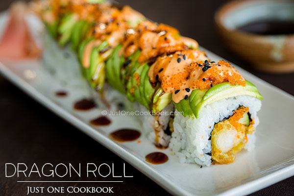 dragon roll on a white plate