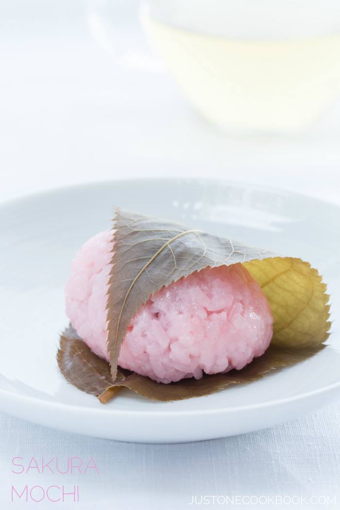 Sakura Mochi on a white plate.