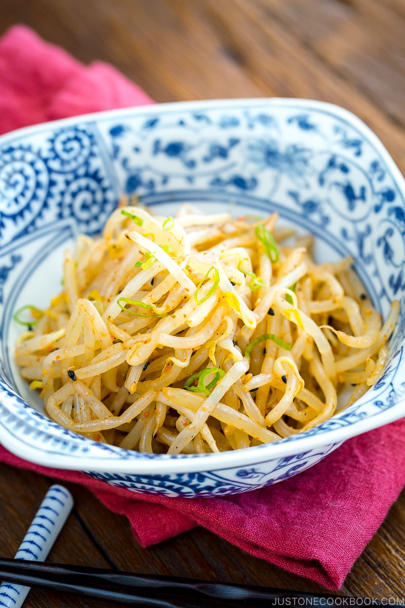 spicy bean sprout salad served in a bowl
