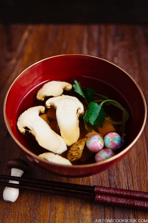 Matsutake Clear Soup in Japanese soup bowl on the wooden table