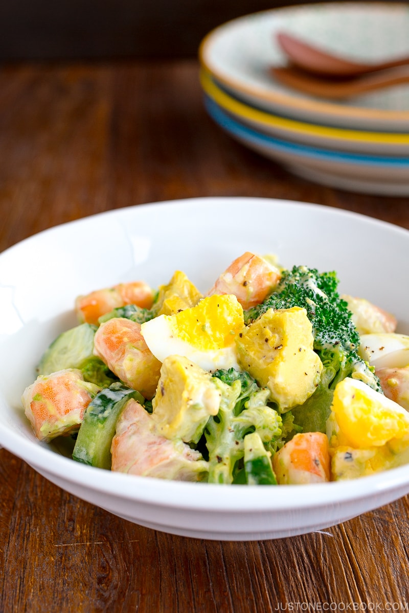 This Japanese Shrimp Salad also features avocado, broccoli, cucumber and hard-boiled egg