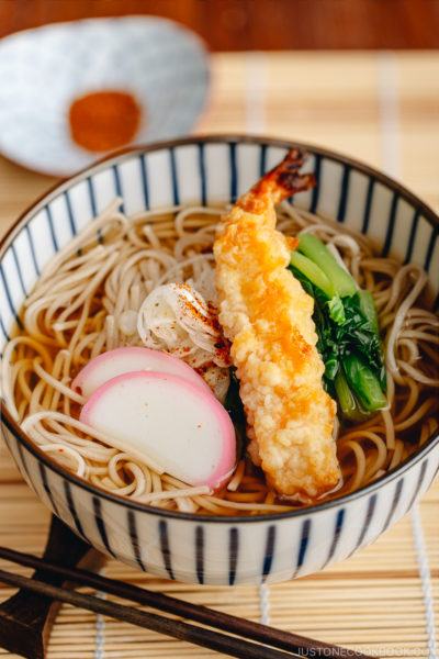 Soba Noodle Soup with shrimp in a bowl | easy Japanese recipes at justonecookbook.com