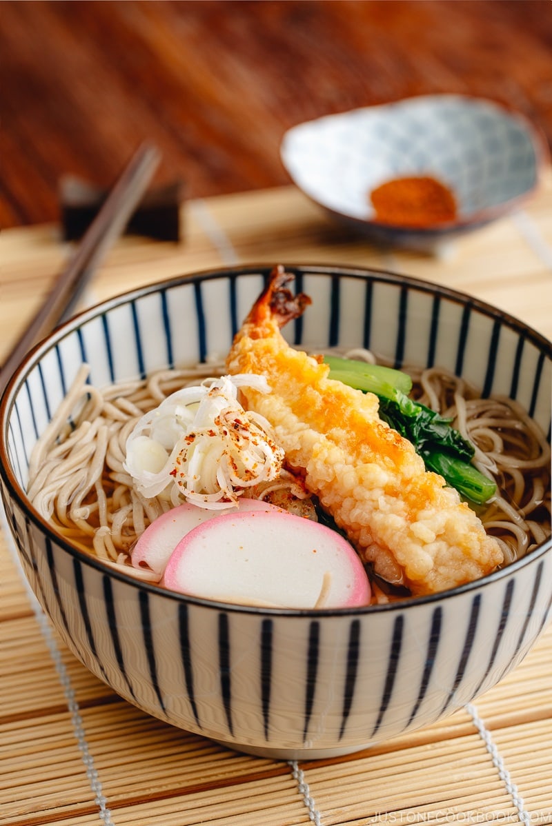 Soba Noodle Soup with shrimp in a bowl | easy Japanese recipes at justonecookbook.com