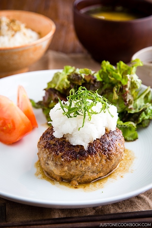 Japanese Hamburger Steak, Wafu Hambagu and salad on a plate.