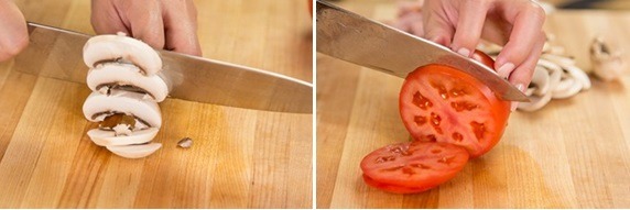 knife cutting mushroom and tomato on top of cutting board