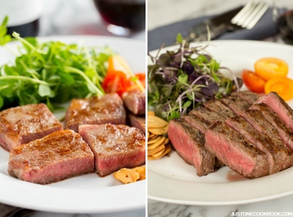 Wagyu Beef steak and American Kobe Beef steak on plates.