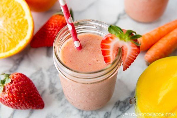 Strawberry Mango Smoothie in a glass.