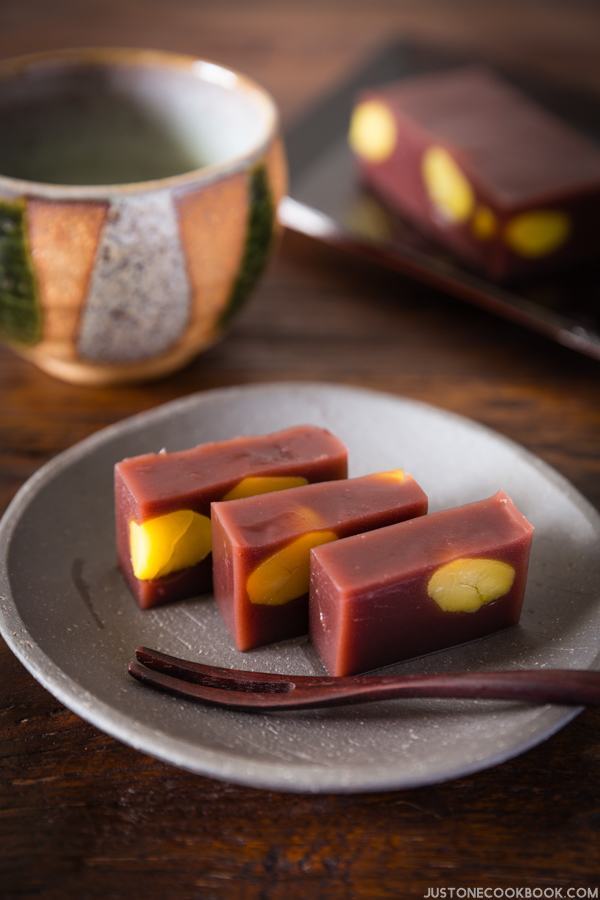 Mizu Yokan, Red Bean Jelly on a plate and a cup of tea.