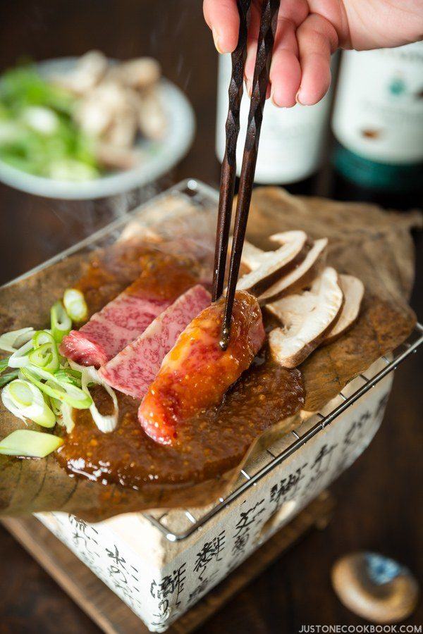 Hoba Miso with Beef on a BBQ grill.