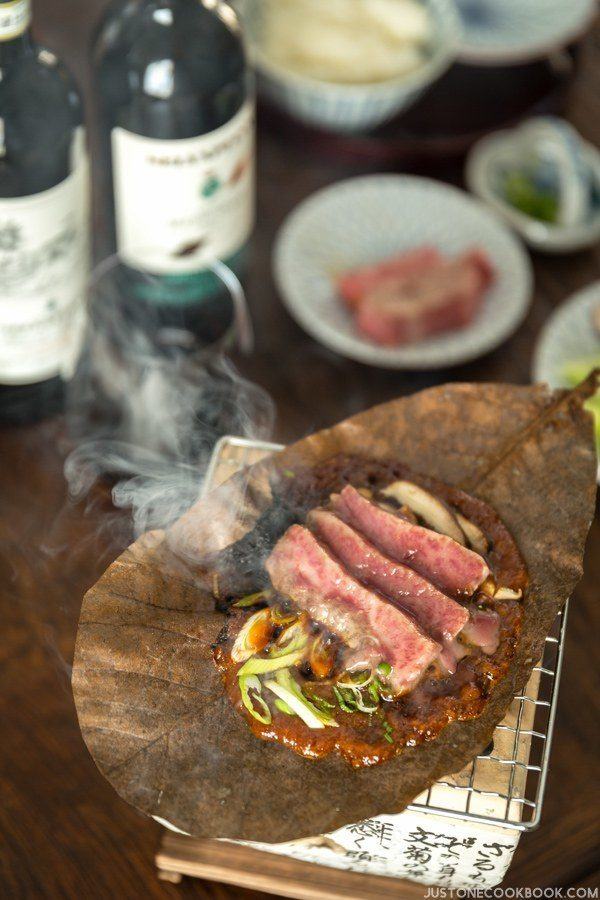 Hoba Miso with Beef on a BBQ grill.