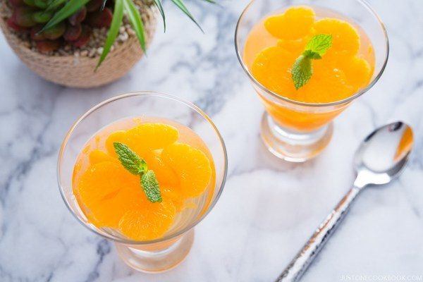 Orange Jelly in glass cups.