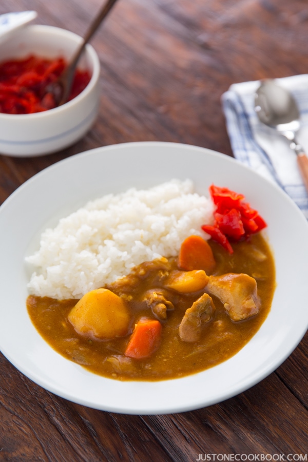 Pressure Cooker Japanese Curry and white rice on a plate.
