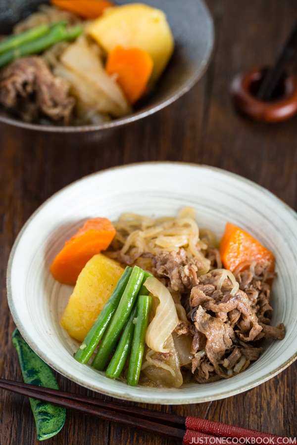 Pressure Cooker Nikujaga in bowls.