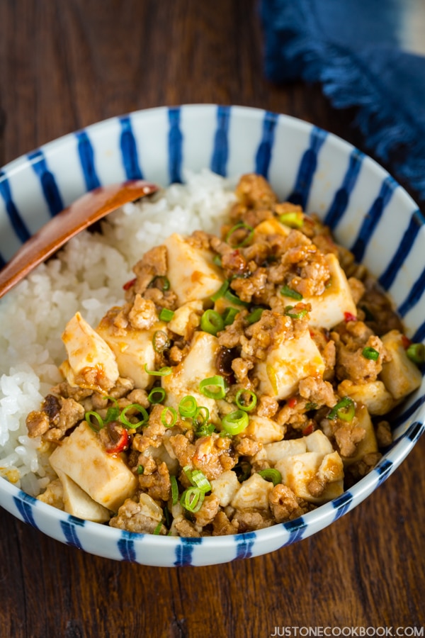 Mapo Tofu over Japanese white rice in the bowl.