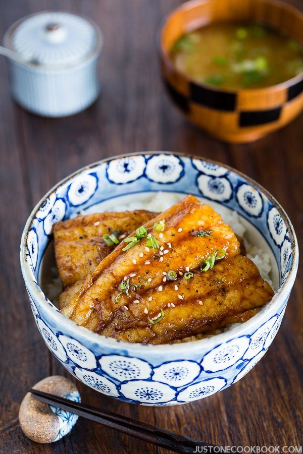 Catfish Kabayaki with Teriyaki Sauce over the rice in a bowl.