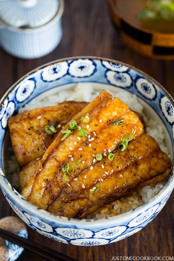 Catfish Kabayaki with Teriyaki Sauce and rice in a big bowl.