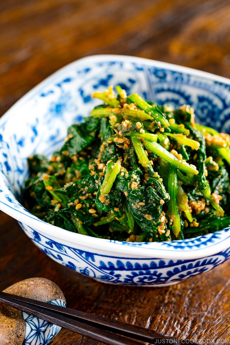 Japanese spinach salad dressed in sesame sauce served in a bowl