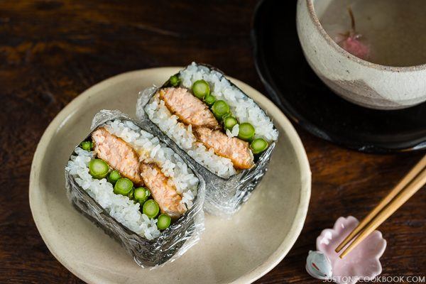 Teriyaki Salmon Onigirazu on a plate.