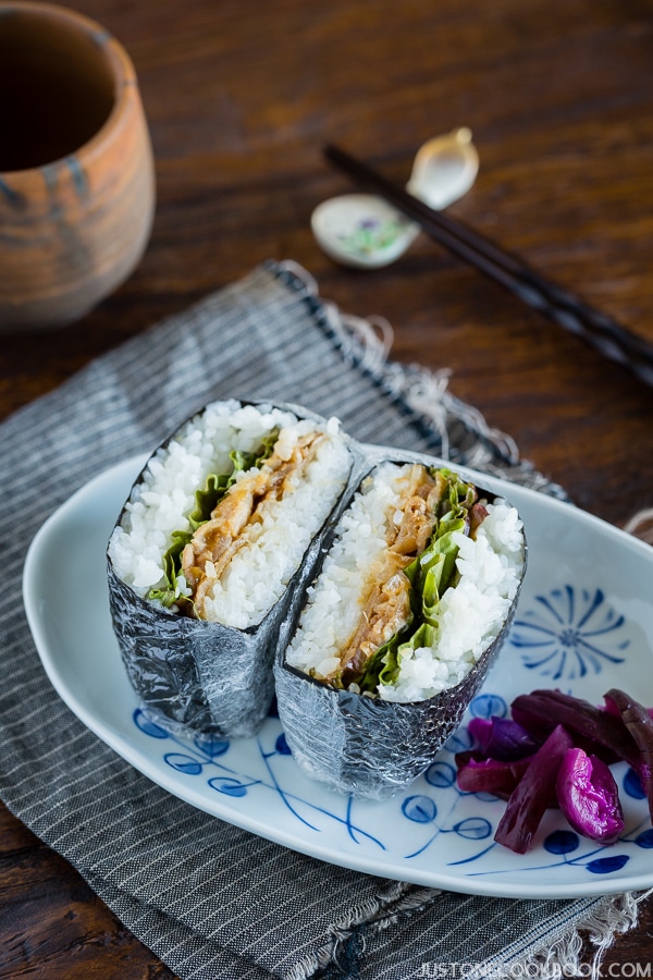 Ginger Pork Onigirazu on a plate.