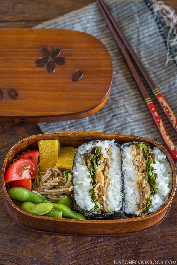 Ginger Pork Onigirazu in a bento box.