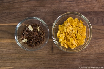 Crunch cereals in glass bowls. 