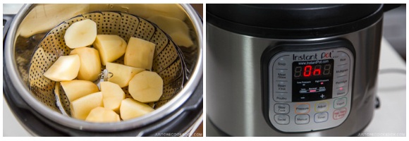 potato in a steamer basket inside Instant Pot