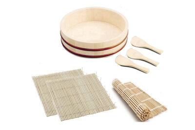 sushi making kit including mixing bowl tub, bamboo sushi rolling mat, and rice paddle scoop