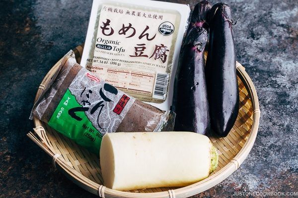 Tofu, Eggplants, Daikon and Konnyaku in the bamboo basket.