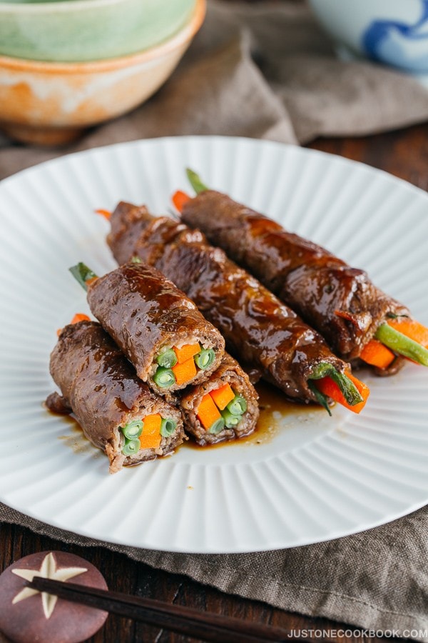 Teriyaki Steak Rolls on a white plate.