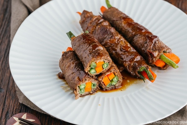 Teriyaki Steak Rolls on white plate.