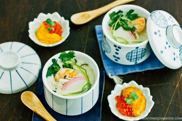 Chawanmushi with Shrimp in cups and ikura and uni on a side.