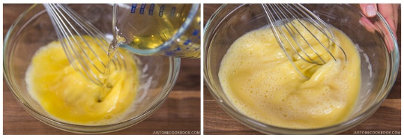 Mixing eggs and dashi in a glass bowl.