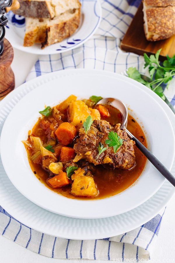 Pressure Cooker Oxtail Soup in a white bowl.