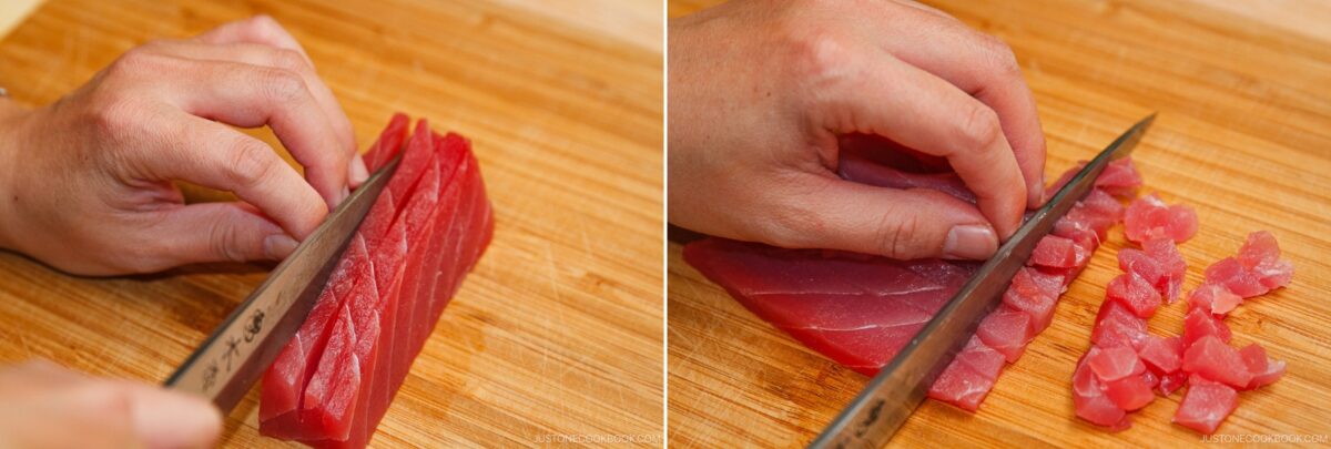 Two side-by-side images show hands slicing raw tuna on a wooden cutting board; the left image shows strips being cut for a spicy tuna roll, while the right image shows the tuna being diced into small cubes.