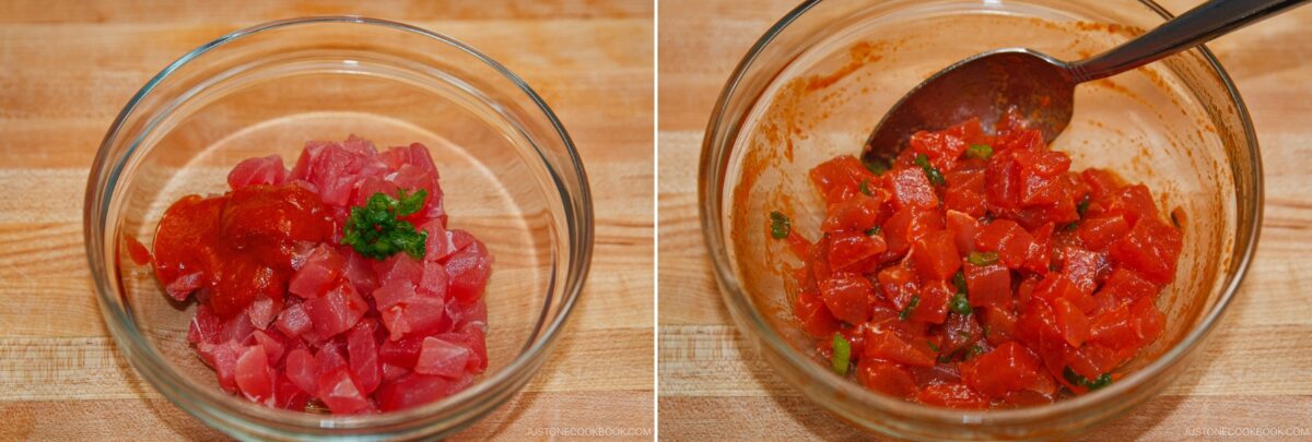 Two side-by-side images show a glass bowl with diced raw fish, sauce, chopped green pepper like those in a spicy tuna roll on the left, and the same ingredients mixed together with a spoon in the bowl on the right.